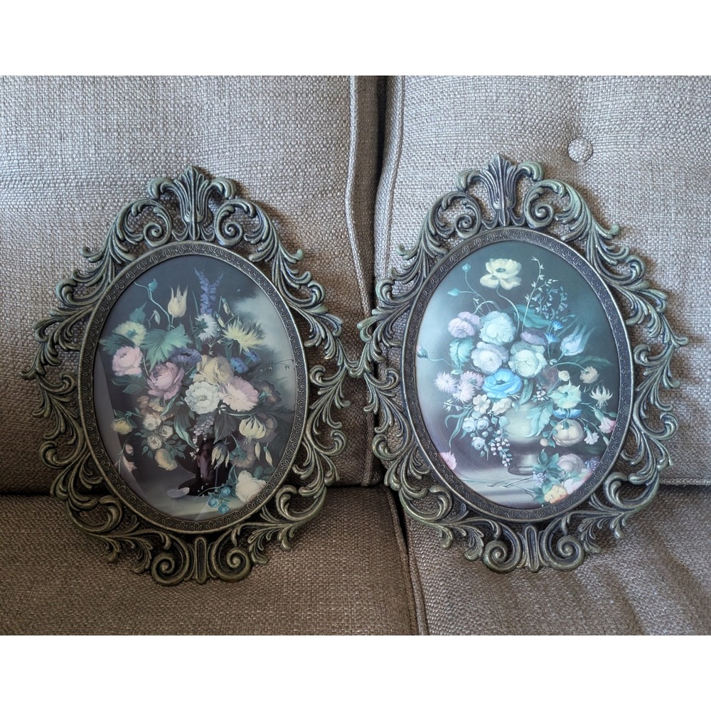 Vintage Italian Ornate Brass Framed Floral Pictures with Convex Glass